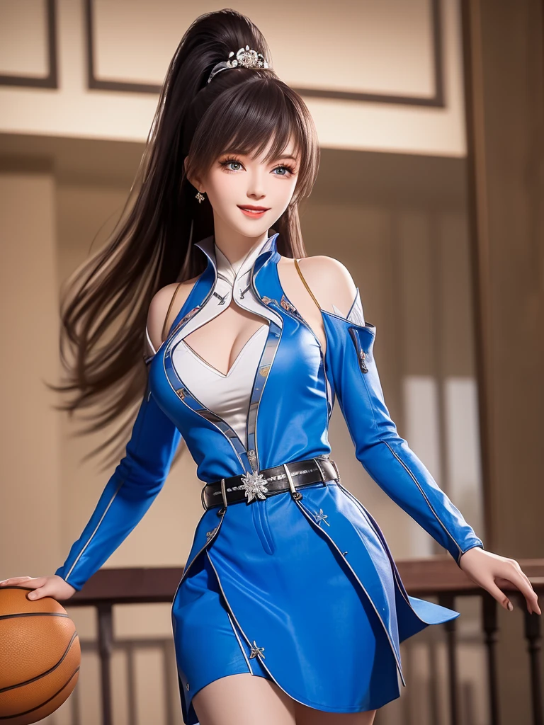 1 Girl, long hair, skirt,Hair accessories, city View, night, High Leg Raise, Boss,白skirt,Ponytail, Cowboy shooting, Long sleeve, belt,blue eyes,cosmetic,1 lady only, /(Basketball clothes/), Become a, /(Light brown hair/) Bangs, Friendly smile, (Masterpiece Best Quality:1.2) Exquisite illustrations with rich details, BREAK /(Civic Gymnasium/) indoors
