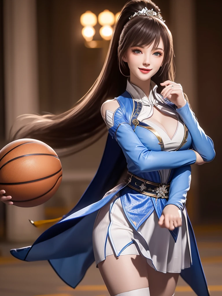 1 Girl, long hair, skirt,Hair accessories, city View, night, High Leg Raise, Boss,白skirt,Ponytail, Cowboy shooting, Long sleeve, belt,blue eyes,cosmetic,1 lady only, /(Basketball clothes/), Become a, /(Light brown hair/) Bangs, Friendly smile, (Masterpiece Best Quality:1.2) Exquisite illustrations with rich details, Big BreastsBREAK /(Civic Gymnasium/) indoors