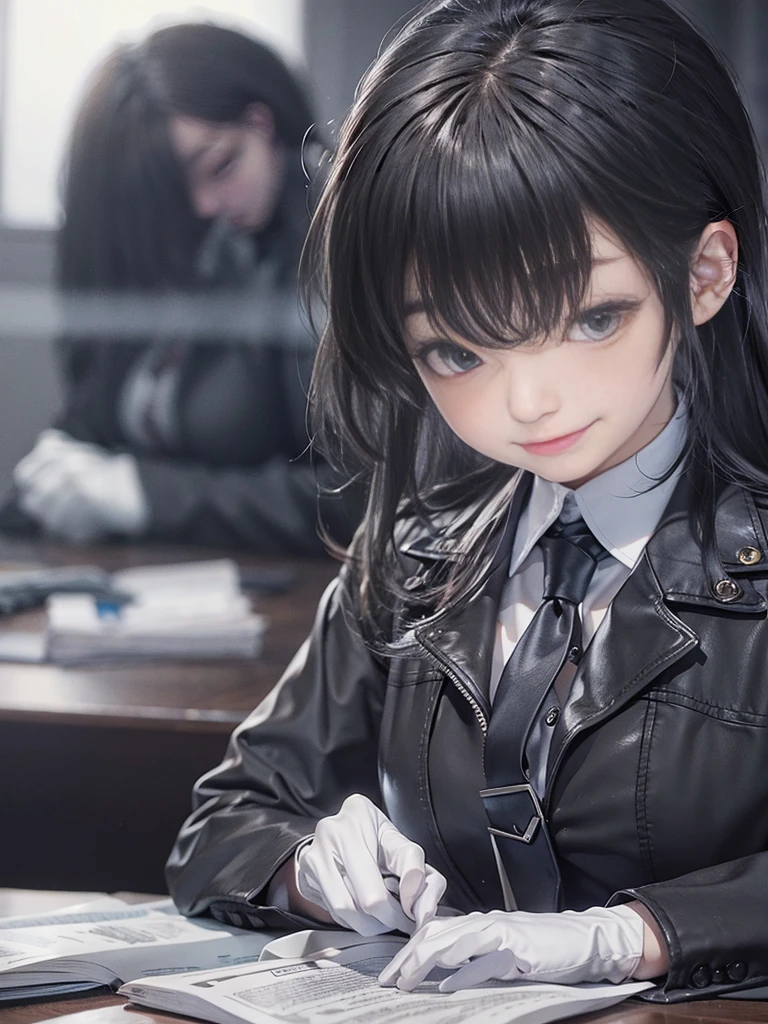 Wear black leather gloves on both hands, Upper Body, Black Military Police, Shirt and Tie, Desk facing modern study room in darkness, Head down and smile, Write a letter with a pen, Black long straight hair, Japanese young female high school student (Black leather gloves cover hands)