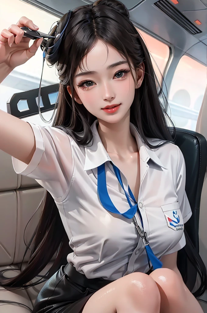 (masterpiece:1.2, best quality), 1 Girl, Solitary, Airline stewardess, , airplane, Serving passengers, Provide guidance, Responding to emergencies, Bangs, (shiny skin:1.15),