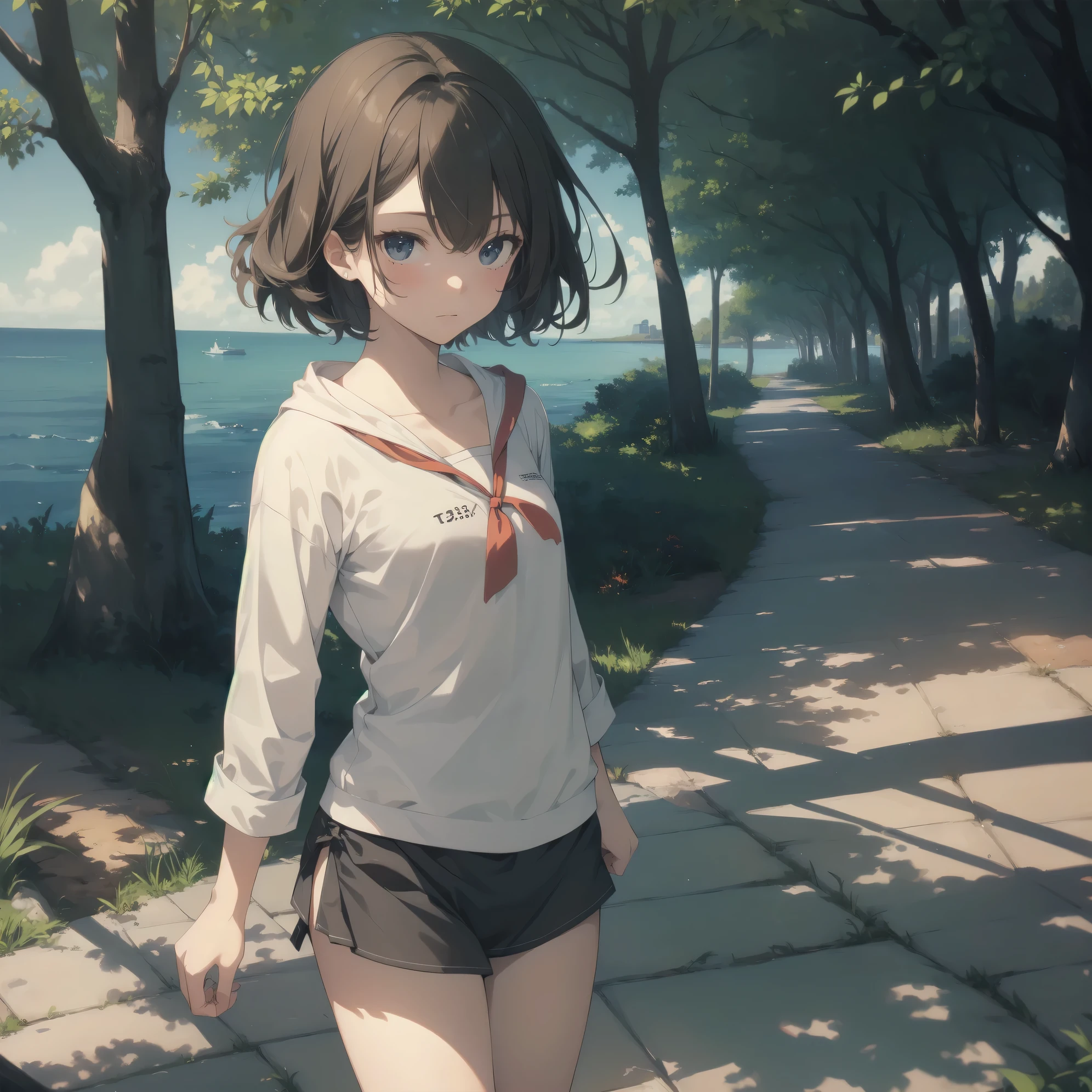 ultra-absurdres-Top quality by artist God, ultra-detailed, high resolution, anime moe artstyle, best anime 8k konachan wallpaper, pixiv contest winner, pool:2810, perfect anatomy,break, 1girl, (Please draw a girl walking to beach alone. )break,(Solo,dark-skinned female, 13-year-old:1.3),Full limbs, complete fingers,a junior high school student, (very short hair), wet hair, flat chest, , small butt, small black eyes, beautiful detailed eyes, well-proportioned iris and pupils, expressive eyes, highres detailed hair, soft expression, school swimsuit, (Detailed Lighting), (Detailed background), in the beach, break,super detailed skin, Best cinematic lighting powered by famous artist, 8k,beauty illustration,photoshop_(medium),very aesthetic,break,((artist:iesupa )), artist:clamp ,artist:carnelian ,artist:kantoku ,
