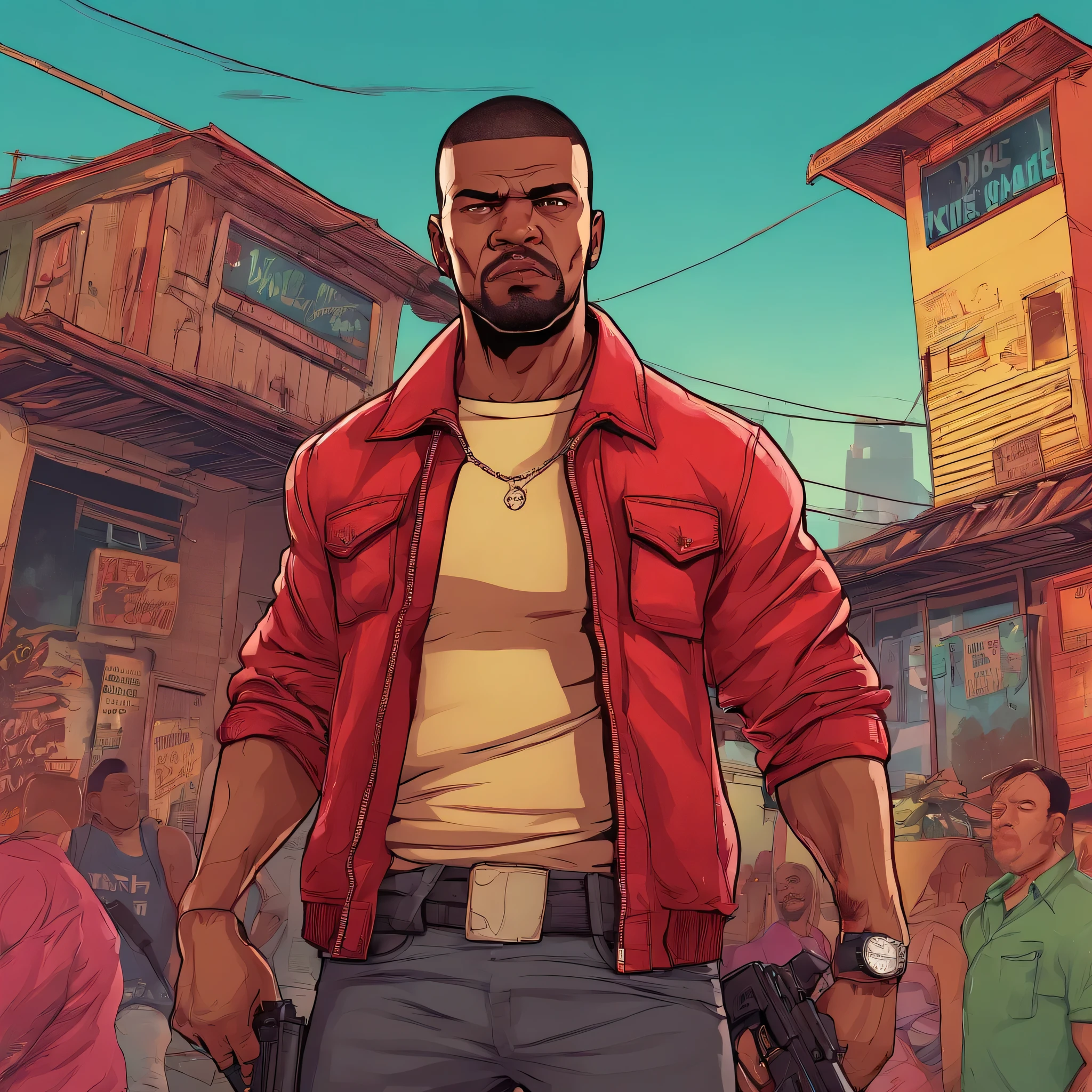 um homem com uma roupa vermelha em uma favela, segurando um rifle, (rosto e corpo extremamente detalhados), cores vibrantes, (retrato), tom de cor vermelha, dramatic lighting, (melhor qualidade, ultra-detalhado, Altas), Realistic