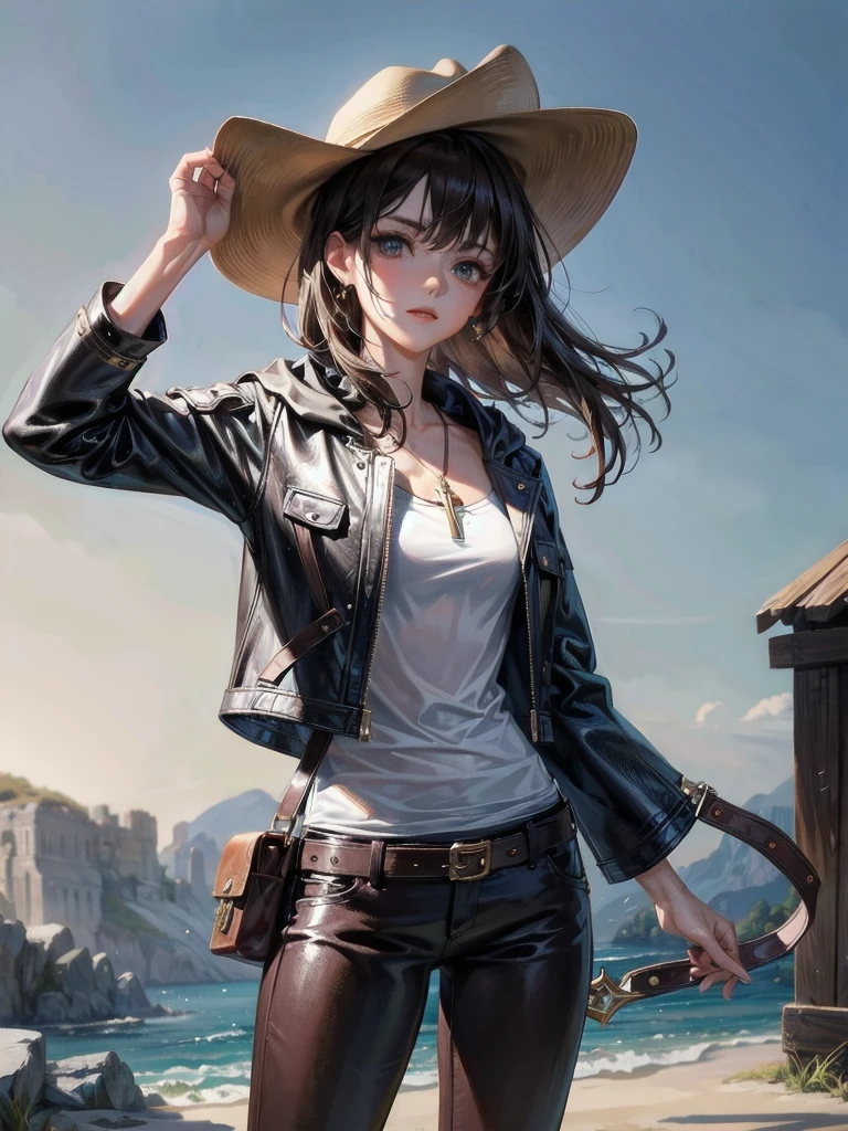cool cowgirl, fantasy adventurer, cowboy hat, decorated hooded armor jacket, cross belt, Brown leather pants, Red leather long boots, absurdres, RAW photo, extremely delicate and beautiful, masterpiece, Best Quality, ultra high resolution, 32k, hyperrealistic, ultra-detailed, detailed description, pale skin, 20 years old, tearful mole, earring, short medium hair, wavy hair, whole body shot,