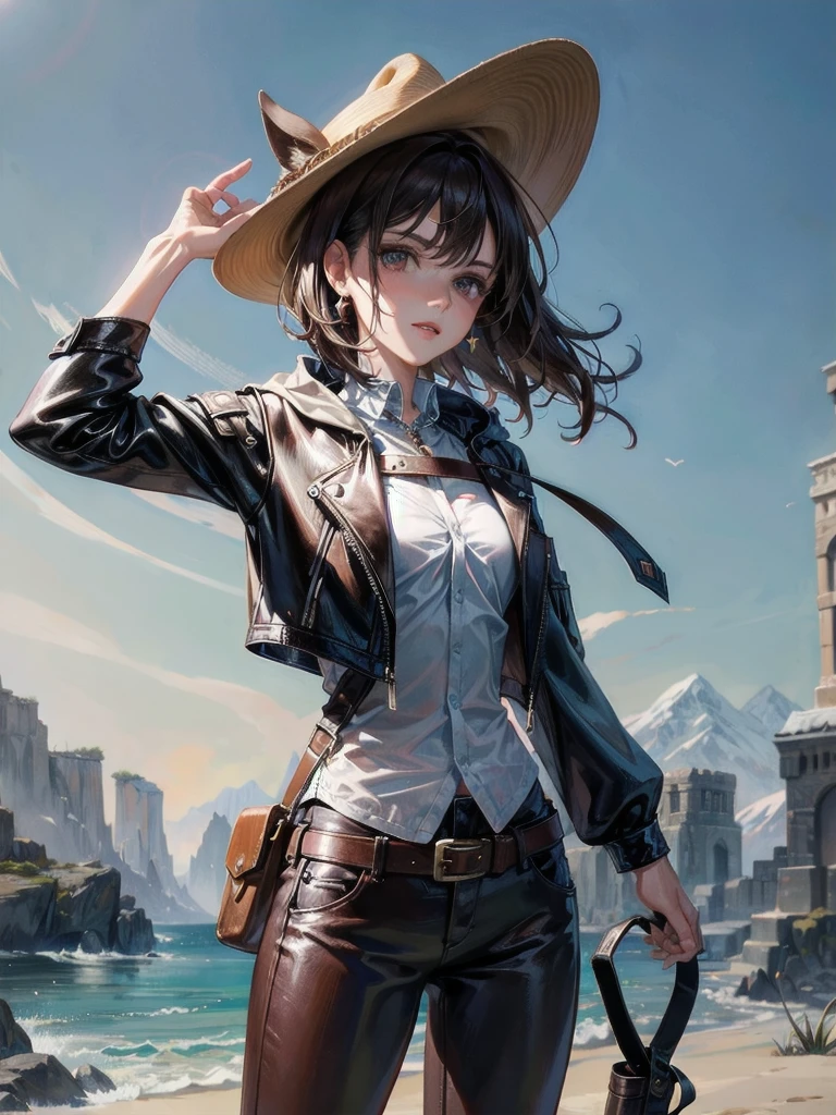 cool cowgirl, fantasy adventurer, cowboy hat, decorated hooded armor jacket, cross belt, Brown leather pants, Red leather long boots, absurdres, RAW photo, extremely delicate and beautiful, masterpiece, Best Quality, ultra high resolution, 32k, hyperrealistic, ultra-detailed, detailed description, pale skin, 20 years old, tearful mole, earring, short medium hair, wavy hair, whole body shot,