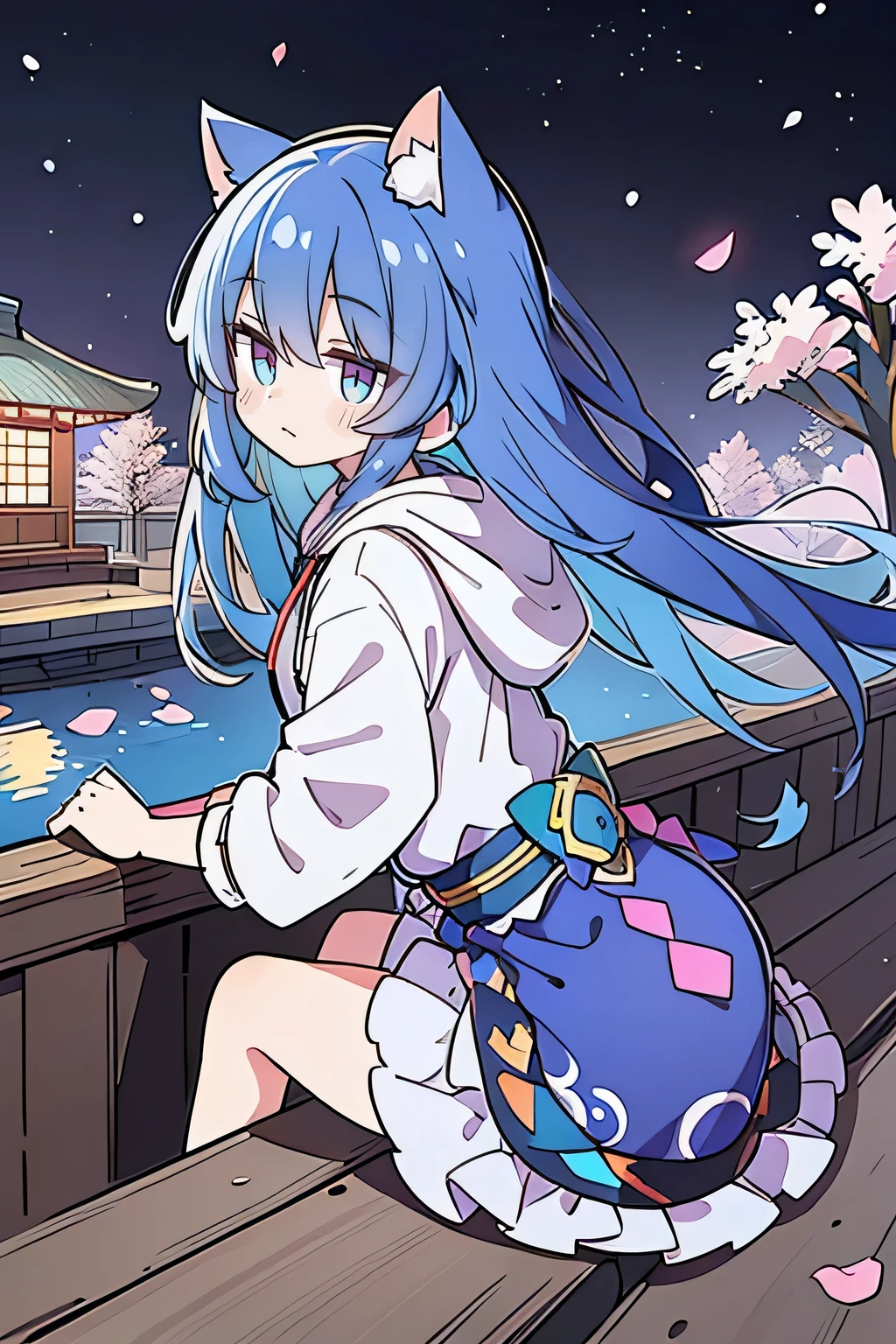 (masterpiece:1.2),Super detailed,lifelike,Expressive eyes,fair skin,perfect face shape,1 girl,
Japanese comics,Gorgeous blue hair,flowing blue hair,flowing clothes,Cat ears,Petals fall,beautiful lola,Baby Angel,
Cross your legs,Gentle and peaceful background,The pavilion is cool and comfortable,smile, wearing hoodie, background of tokyo,back views,snowing, winter.