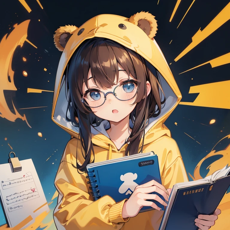 (mouthpiece, Highest quality, illustration, Very high quality, Extremely delicate writing),whole body, Bear face, Bear ears, Bear hands,, whole body被毛发覆盖, Wear the golden hat, wearing a hoodie, Lively, No background, one person, notebook，Brown long hair，Blue eyes，Half frame glasses