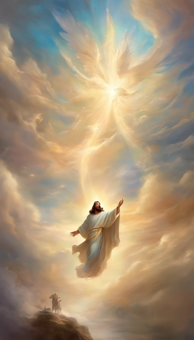 Jesus Cristo voando sobre as nuvens passando por Deus e seus anjos com armaduras Angelicais
