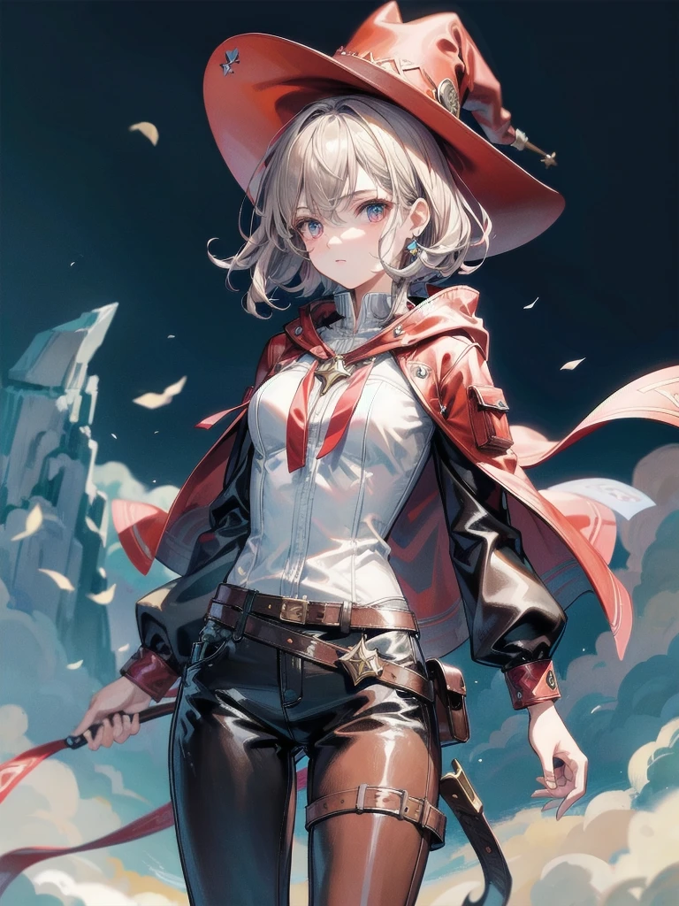 cool cowgirl, fantasy adventurer, cowboy hat, decorated hooded armor jacket, cross belt, Brown leather pants, Red leather long boots, absurdres, RAW photo, extremely delicate and beautiful, masterpiece, Best Quality, ultra high resolution, 32k, hyperrealistic, ultra-detailed, detailed description, pale skin, 20 years old, tearful mole, earring, short medium hair, wavy hair, whole body shot,