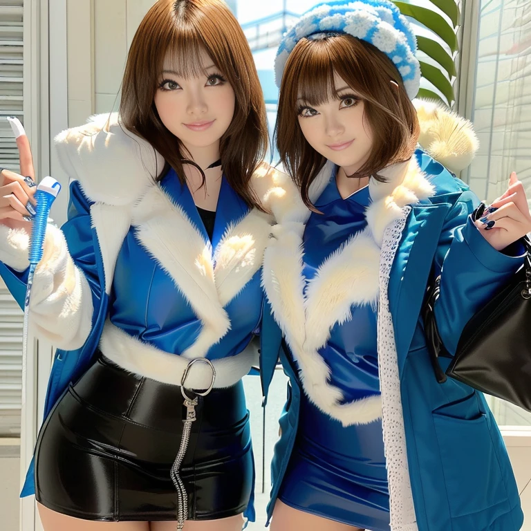 Two young women dressed in blue and white pose for a photograph, Ayami Kojima and Ryde Caldwell, 🚿🗝📝, Idol Master, sakimimichan, sakimichan, nixeu and sakimichan, narumi kakinouchi, Happy!!!, Another close-up of Iwakura, Seifuku, shikamimi