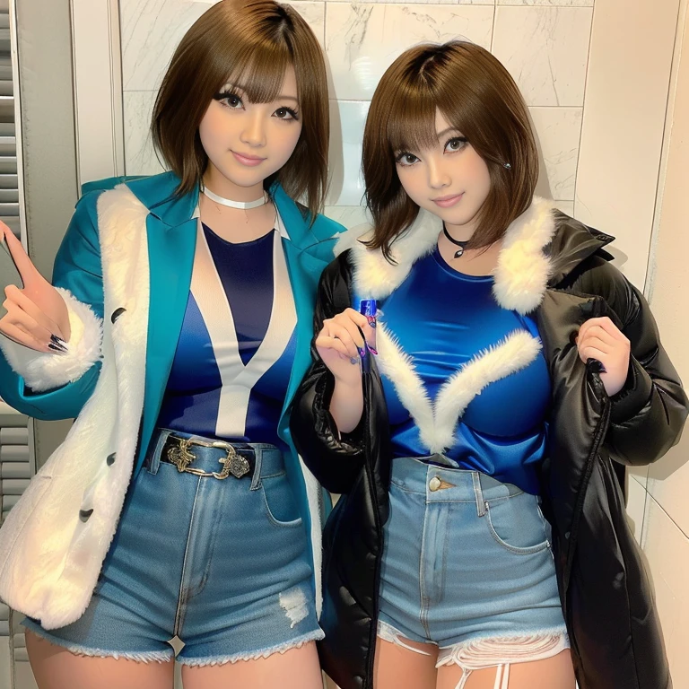 Two young women dressed in blue and white pose for a photograph, Ayami Kojima and Ryde Caldwell, 🚿🗝📝, Idol Master, sakimimichan, sakimichan, nixeu and sakimichan, narumi kakinouchi, Happy!!!, Another close-up of Iwakura, Seifuku, shikamimi