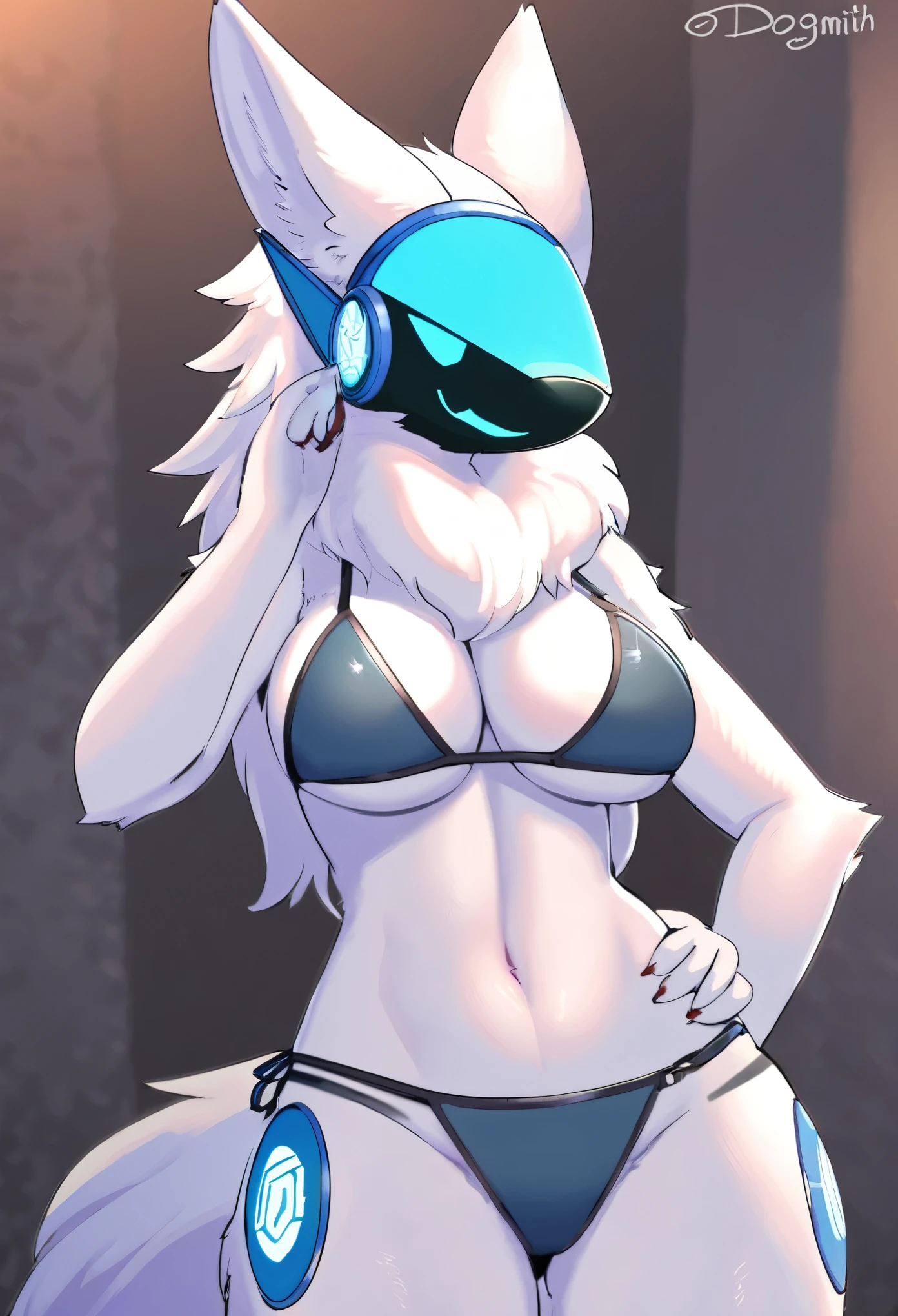 top quality, best quality, by DogSmith, High-quality illustrations, masterpiece)(kemono, furry anthro), round, female, arctic protogen, blue visor, long visor, bikini