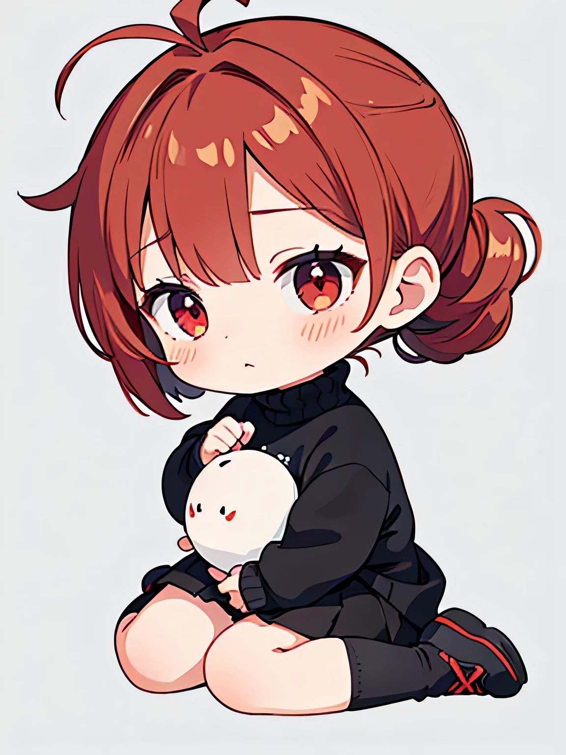 best quality,detailed,1 female, teenagers,(ash copper hair),(((messy single chignon hairstyle))) , ahoge , oversized white sweatshirts on tight black turtleneck inner wear , short length black skirts , gray sneaker , white ankle socks , slender style,(facing the front),((cheeks turn red)),((shy expression)),((( chibi character ))), full body,toes,from front,deep red eyes,(((The bangs are even))) , solid color white background