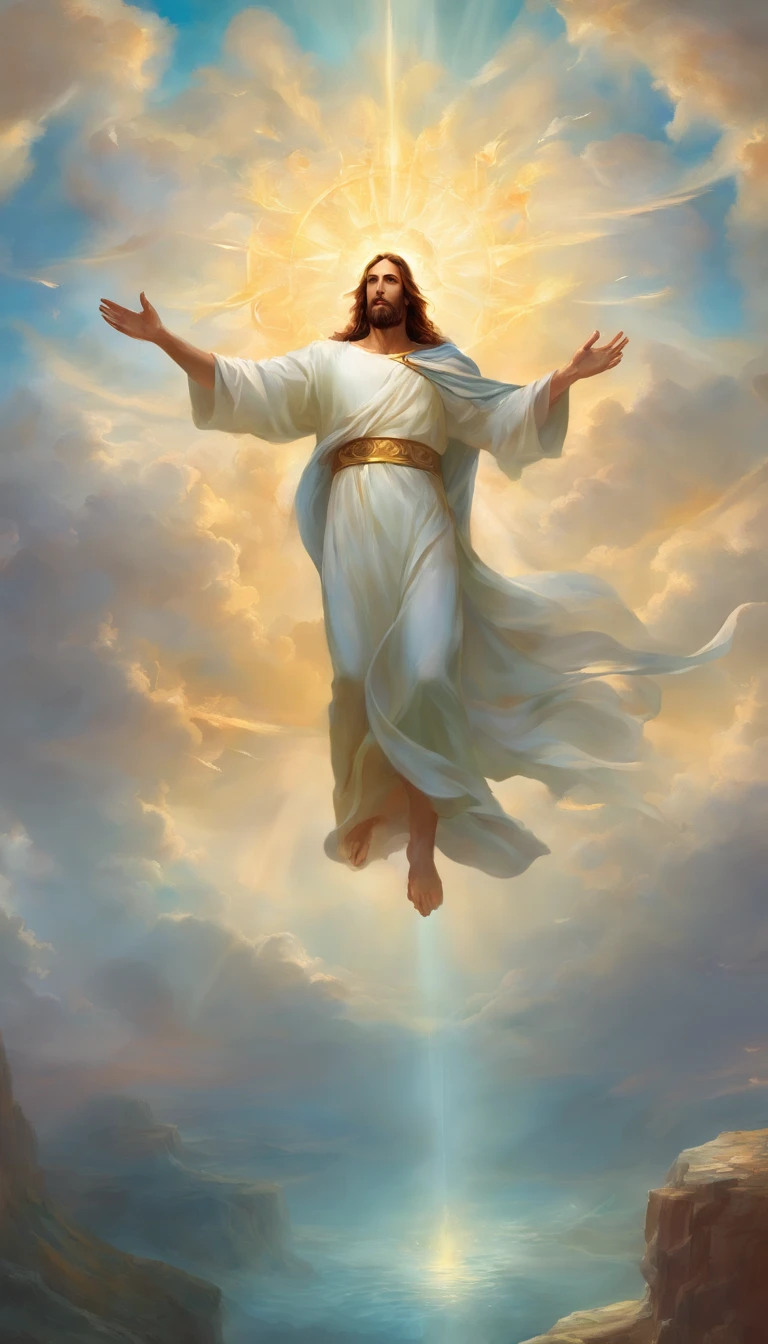 Jesus Cristo voando sobre as nuvens passando por Deus e seus anjos com armaduras Angelicais