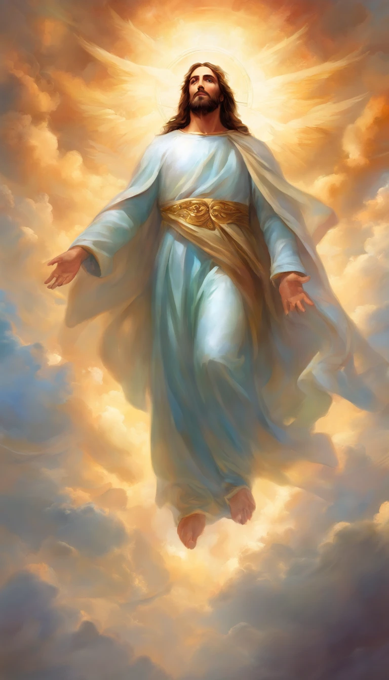 Jesus Cristo voando sobre as nuvens passando por Deus e seus anjos com armaduras Angelicais