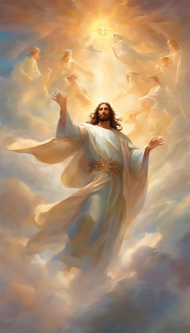 Jesus Cristo voando sobre as nuvens passando por Deus e seus anjos com armaduras Angelicais