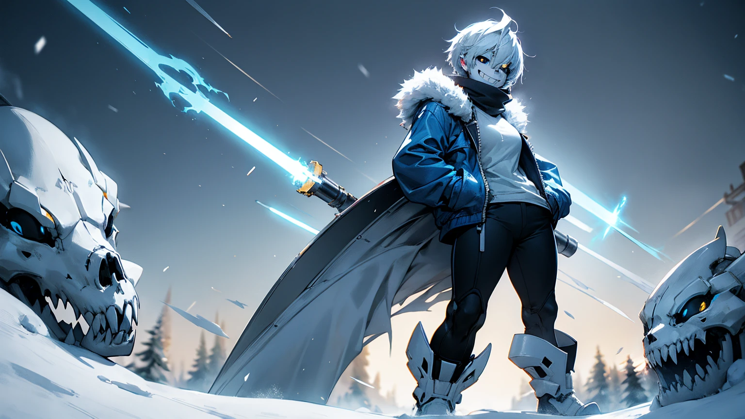 Toby Fox Undertale Sans blue jacket white shirt,Fire eyes, skull, smile, white short hair, glowing sexy keel cannon, standing in the snow town, big breast breast enlargement full-body shot