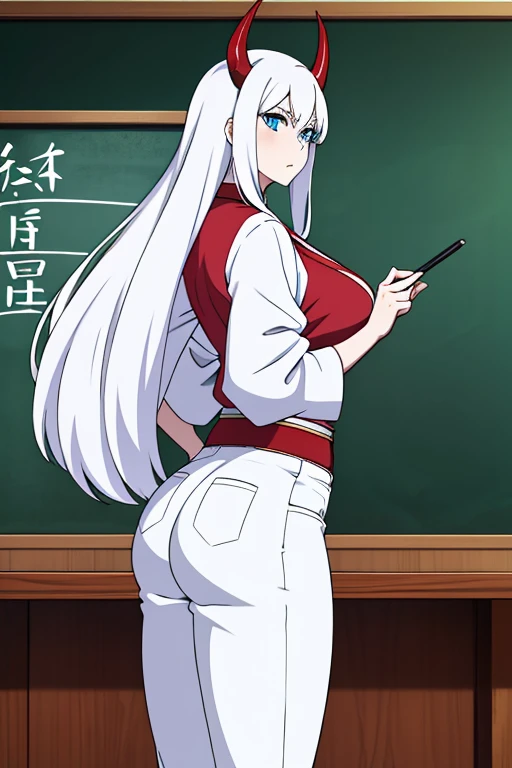-anime style- -artwork- -super high quality- -4k- A tall woman the size of a tree, white skin, long white hair, bright blue eyes, sexy body, red horns, tall body, breasts, butt and very large waist, dressed in a Japanese teacher's clothes, teacher's pants, standing at the blackboard with numbers
