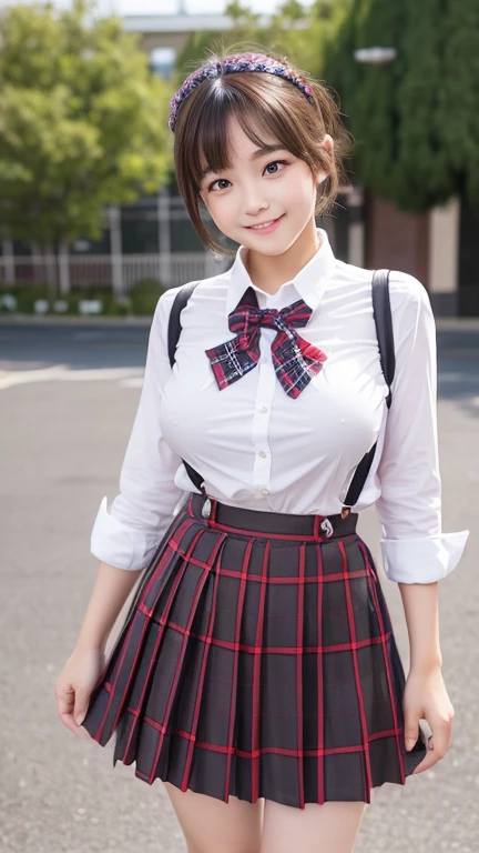  girl.................,, in front of the school、Connect to skirt with suspenders、waistband of skirt is at the point above chest , red knot , red bow , skirt dark red , plaid skirt , pleated skirt , Tight shirt ,, nice and cute, Innocent smile, , Lovely smile, sakimichan HDRI、 big 、(Beauty Big 1:2) 、 with short bob、Pose cutely , 8 year old  , sts