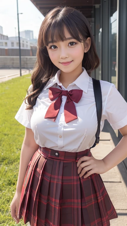little young girl.................,, in front of the school、Connect to skirt with suspenders、waistband of skirt is at the point above chest , red knot , red bow , skirt dark red , plaid skirt , pleated skirt , Tight shirt ,, nice and cute, Innocent smile, , Lovely smile, sakimichan HDRI、 big 、(Beauty Big 1:2) 、 with short bob、Pose cutely , 8 year old , big breasts