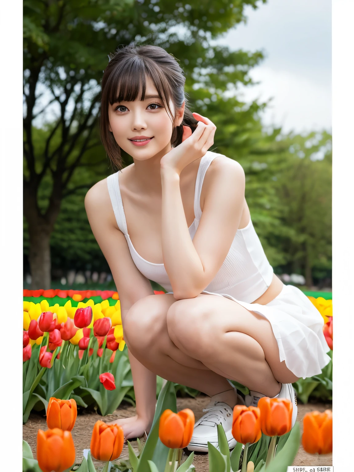(squat)、(highest quality:1.5)、(Realistic:1.5)、(1 person:1.5)、(Very detailed)、(High resolution)、8k、(レース付きのダークカラーのmini skirtドレスを着る)、(Small breasts)、Natural color lips、Cute Smile、20-year-old girl、(Beautiful and elaborate face)、(Perfect and beautiful face)、(Big eyes)、(Beautiful and elaborate face)、(Beautiful, balanced eyes)、Beautiful double eyelids、Perfect and beautiful face、Arched thin eyebrows、Cute pose、Slim face、(Slim figure)、Beautiful and thin nose、 Beautiful Skin、(Short ponytail hair)、Natural Bangs、Fair skin、Front lighting、(Lighting the face)、Deep blue eyes、Slim waistline、(A hill full of colorful tuliplim and beautiful legs、Tulip Fields、