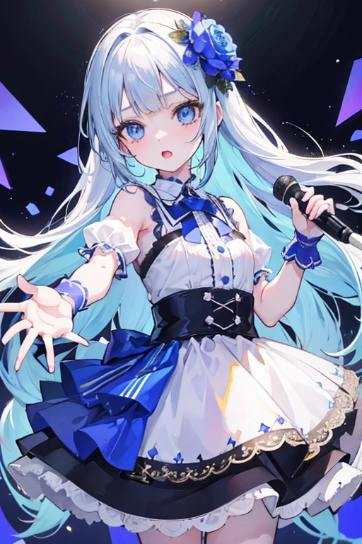 toddler girl,idol costume,Blue eyes, big eyes,droopy eyes, With blue flower corsage ,Slender body, fupper body, White long hair,on the stage,idle concert, open mouth, singing, {{{{{detailed face}}}}}, photorealistic, detailed body, ultra-detailed, best quality