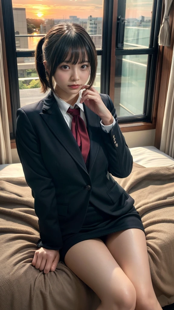 muste piece, best quality, illustration, Super detailed, fine details, High resolution, 8K,wall paper, perfect dynamic composition,(Details High quality, realistic depiction of eyes:1.3), short hair, Office Lady, ,Suit,Collared shirt, Black Suit,Black jacket, pony tail hair, huge breasts, black hair color, Big Natural Color Lip, bold sexy pose, crying a little、cold gaze, Harajuku style、20 year old girl、cute type、ta、beautiful legs, hotel room, full body photo、focus on crotch, hposing Gravure Idol, Sexy shot looking at camera, Sunset, by the window, Summer, make up, Curve