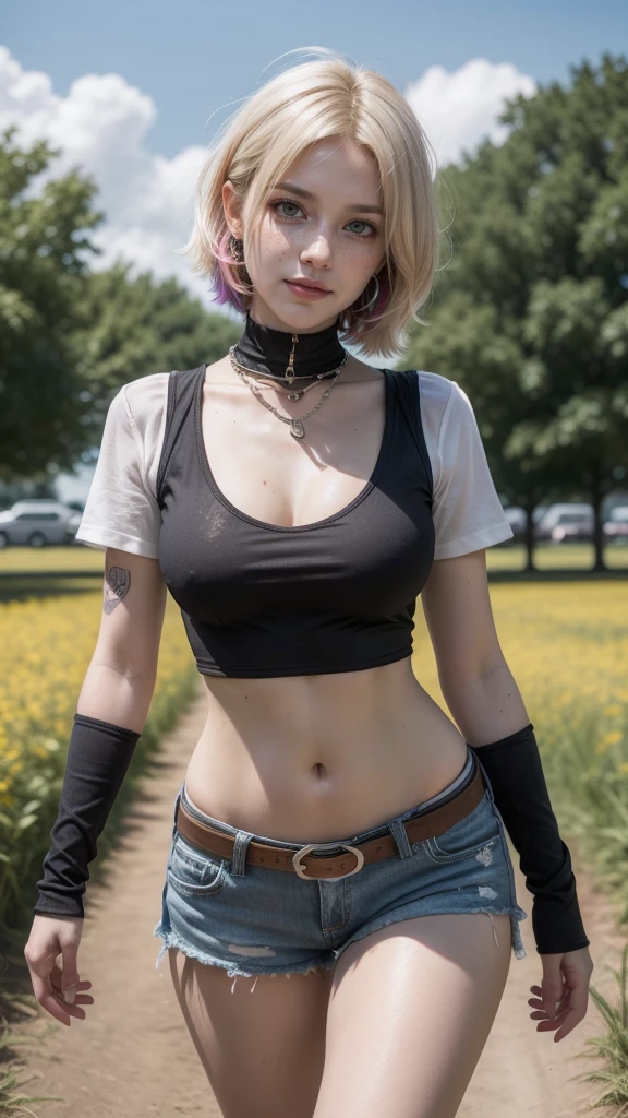 gwen tennyson,tracer,y'shtola rhul,yorha 2b,overwatch,nier automata,mecha pilot,ranch,tattoos,orange and pink plugsuit,white short sleeve plaid top,denim micro shorts,uncovered belly,short hair,punk makeup,green eyes,multicolored silver hair,sexy smile,freckles,beautiful girl,large breasts,8k,ultra detailed,realistic,fantasy art,ear piercings,rancher uniform,saiyan girl,small cowboy vest,cowboy belt,hay field,walking,chain necklace,straw hat,