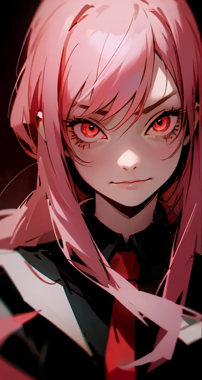 Anime Girl, A sarcastic smile,Bright red eyes,teeth, Detailed anime art digital, Yandere intrincado, Black shirt, Red tie, contour,Gapmoe Yandere, 光秃秃的teeth流口水, Yandere, Clean and detailed anime art, Movie dark background,Gapmoe Yandere Grimdark, Detailed anime art, Poca Maguca, highly detailed angry anime face, Retrato Gapmoe Yandere Grimdark, fear!! Very detailed