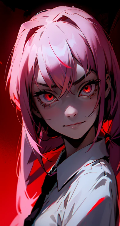 Anime Girl, A sarcastic smile,Bright red eyes,teeth, Detailed anime art digital, Yandere intrincado, Black shirt, Red tie, contour,Gapmoe Yandere, 光秃秃的teeth流口水, Yandere, Clean and detailed anime art, Movie dark background,Gapmoe Yandere Grimdark, Detailed anime art, Poca Maguca, highly detailed angry anime face, Retrato Gapmoe Yandere Grimdark, fear!! Very detailed