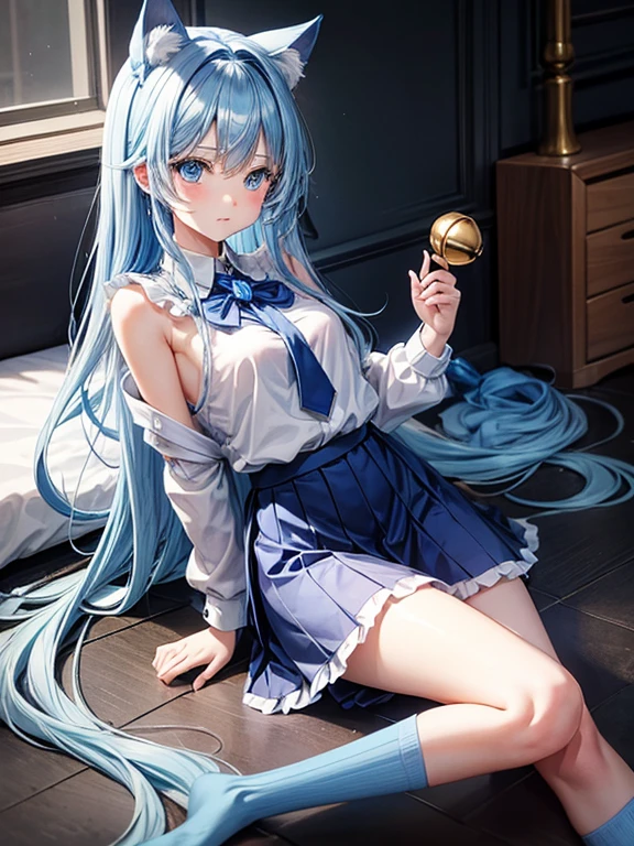 Blue long hair girl with blue eyes have blue cat ears 2 blue wings 1 cat tail have black collar with golden bell wearing blue shoulderl less and blue skirt white long socks no shoes