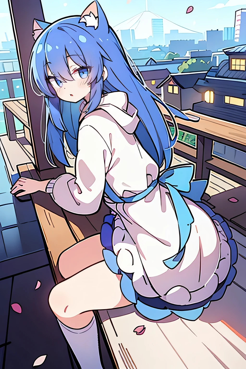 （masterpiece：1.2），Super detailed，lifelike，Expressive eyes，fair skin，perfect face shape，1 girl，
Japanese comics,Gorgeous blue hair,flowing blue hair,flowing clothes,Cat ears,Petals fall,beautiful lola,Baby Angel,
Cross your legs，Gentle and peaceful background，The pavilion is cool and comfortable,smile, wearing hoodie, background of tokyo,back views,snowing, winter.