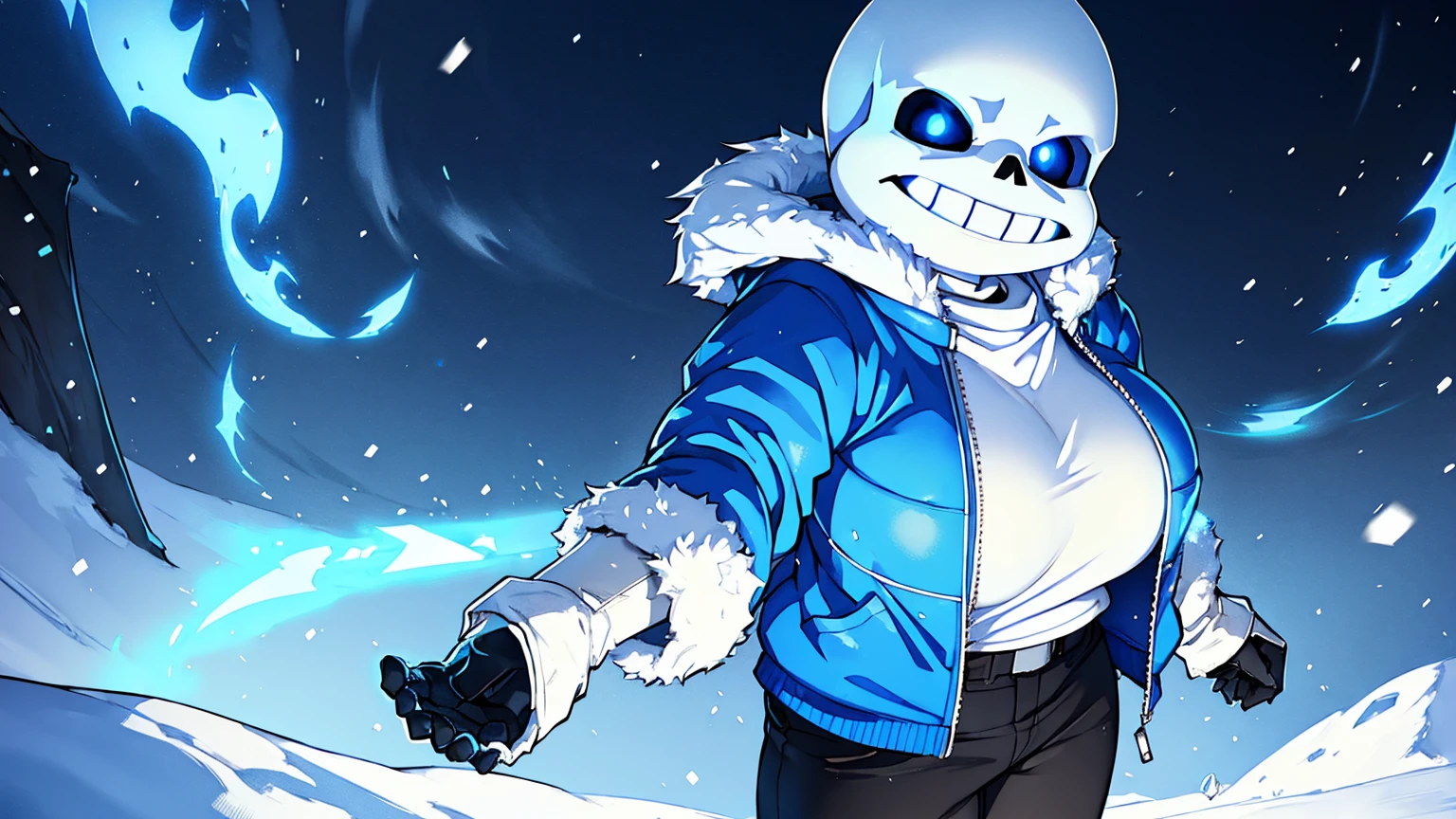 Toby Fox Undertale Sans blue jacket white shirt,Fire eyes skull smile white short hair glowing sexy keel cannon one standing in the snow town big breast breast enlargement full-body shot illustration, ultra-detailed, HDR, vibrant colors, soft lighting