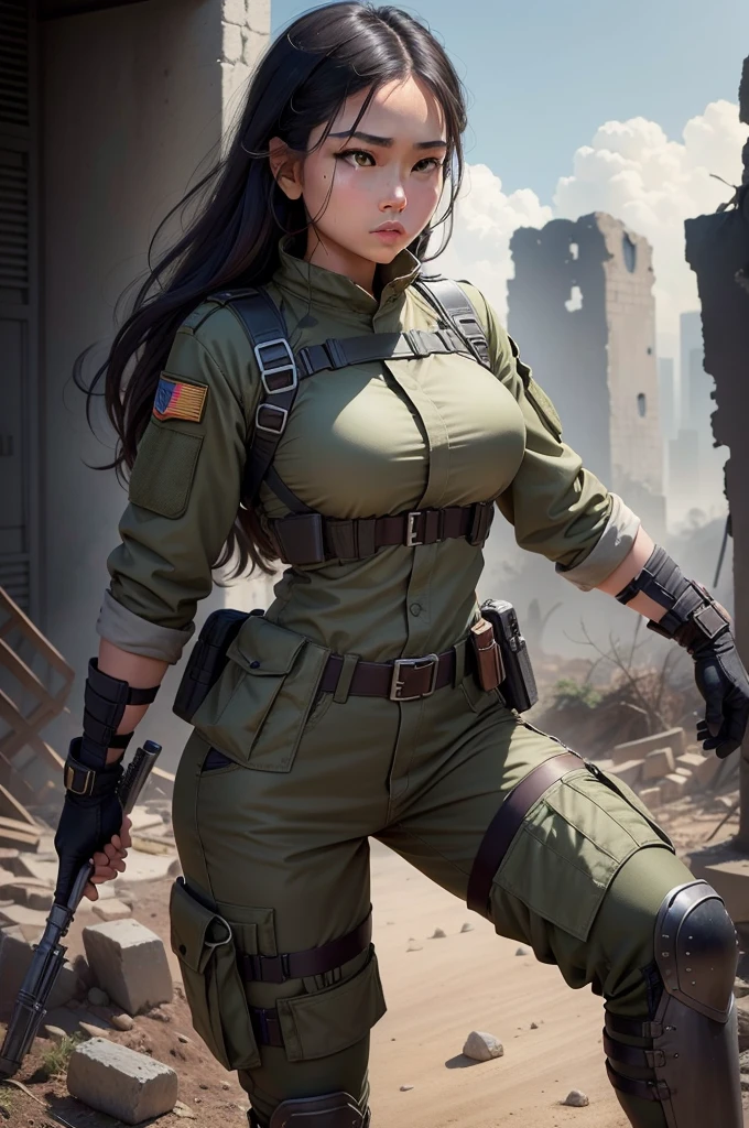 Create masterpieces with the highest quality and attention to detail, Strive to realistically depict Filipino women in soldier uniforms. Artworks should have a sense of,And present it in ultra-high resolution (8K).
The composition should focus on the mid-ground, Highlighting the attractive looks and strong personalities of Filipino women.
Combination of strength and skill. Her clothes are an important aspect of her personality: Camouflage, Torn, torn military trousers, Emphasizes her agility and combat skills.
Uniforms feature subtle textures and contours,Can capture light, Adding depth to your depiction. Dark grey and bronze accents are carefully designed,Enhanced visual appeal.
Woman's black hair draped over her shoulders, Add a splash of bright color to the scene. Her expression was mysterious, Showing her arrogance and strategic thinking.
within the composition, Incorporating some hints of her radical background: ruins, Burning City, Advanced technology, And the background that suggests a war zone environment