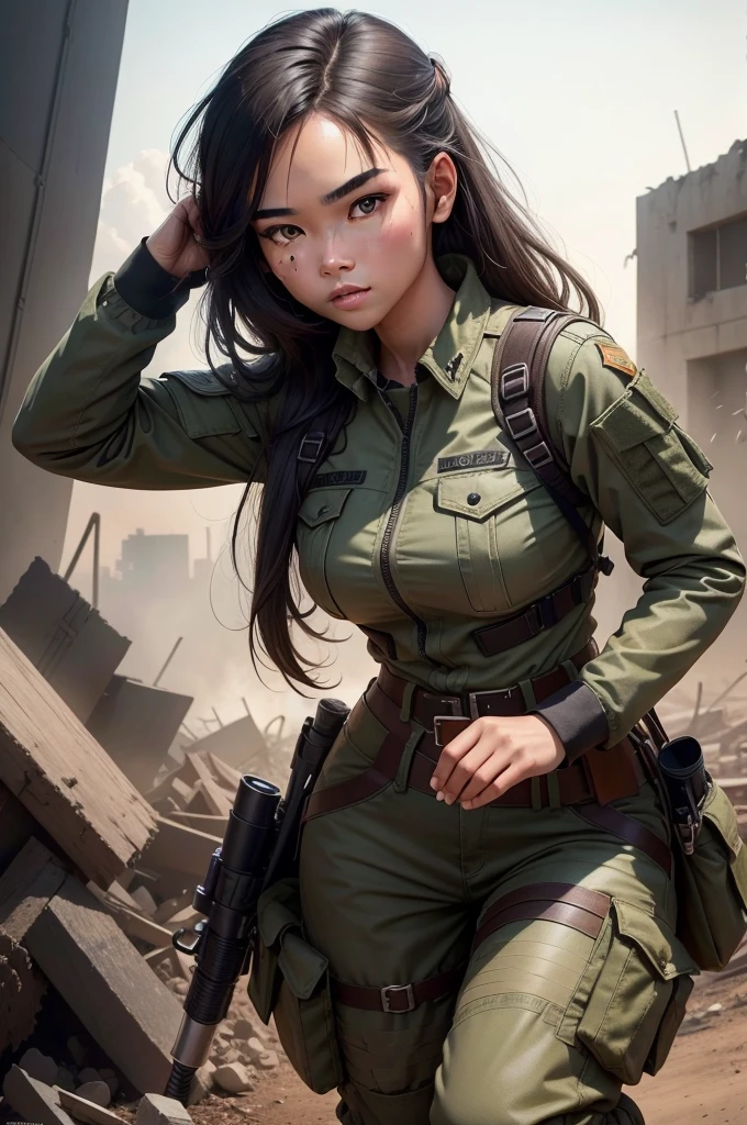 Create masterpieces with the highest quality and attention to detail, Strive to realistically depict Filipino women in soldier uniforms. Artworks should have a sense of,And present it in ultra-high resolution (8K).
The composition should focus on the mid-ground, Highlighting the attractive looks and strong personalities of Filipino women.
Combination of strength and skill. Her clothes are an important aspect of her personality: Camouflage, Torn, torn military trousers, Emphasizes her agility and combat skills.
Uniforms feature subtle textures and contours,Can capture light, Adding depth to your depiction. Dark grey and bronze accents are carefully designed,Enhanced visual appeal.
Woman's black hair draped over her shoulders, Add a splash of bright color to the scene. Her expression was mysterious, Showing her arrogance and strategic thinking.
within the composition, Incorporating some hints of her radical background: ruins, Burning City, Advanced technology, And the background that suggests a war zone environment