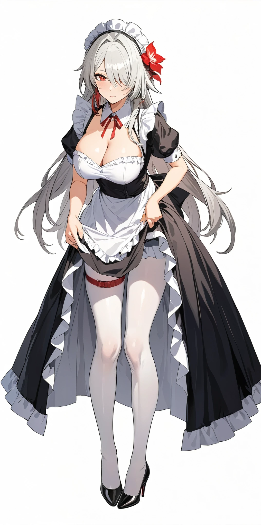 (masterpiece, top quality, best quality, official art, beautiful and aesthetic:1.2),(8k, best quality, masterpiece:1.2), (((masterpiece))),(((best quality))),(((extremely detailed))),illustration, who, (masterpiece, top quality, best quality, official art, beautiful and aesthetic:1.2),(8k, best quality, masterpiece:1.2), masterpiece, best quality, illustration, highres, ultra-detailed, 1girl, acheron \(honkai: star rail\), 1girl, breasts, solo, pantyhose, cleavage, long hair, maid, hair over one eye, full body, flower, maid headdress, apron, high heels, dress, hair ornament, large breasts, white pantyhose, red eyes, black footwear, frills, lifted by self, short sleeves, hair flower, white background, clothes lift, alternate costume, simple background, black dress, puffy sleeves, looking at viewer, white hair, blush, closed mouth, dress lift, white apron, red flower, thigh strap, maid apron, standing, puffy short sleeves, enmaided, grey hair, very long hair, frilled apron, frilled dress, red ribbon, bow