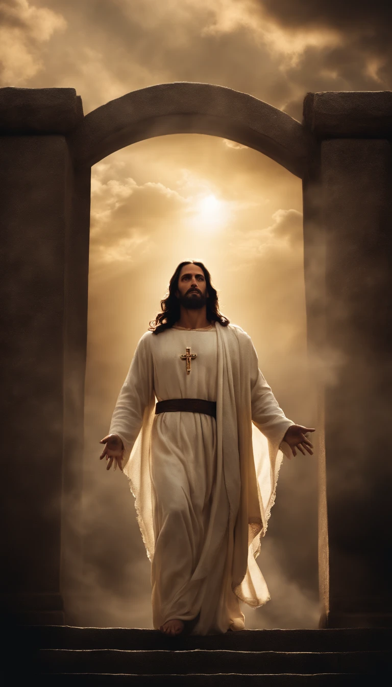 Jesus Cristo voando sobre as nuvens passando por Deus e seus anjos com armaduras Angelicais 