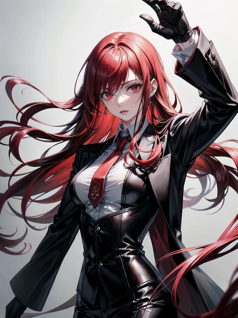Redhead, bangs, Red eyes, Black gloves, Formal suit, tie, Jacket, absurdres, RAW photo, extremely delicate and beautiful, masterpiece, Best Quality, ultra high resolution, 32k, hyperrealistic, ultra-detailed, detailed description, pale skin, 20 years old, tearful mole, earring, short medium hair, wavy hair, whole body shot,