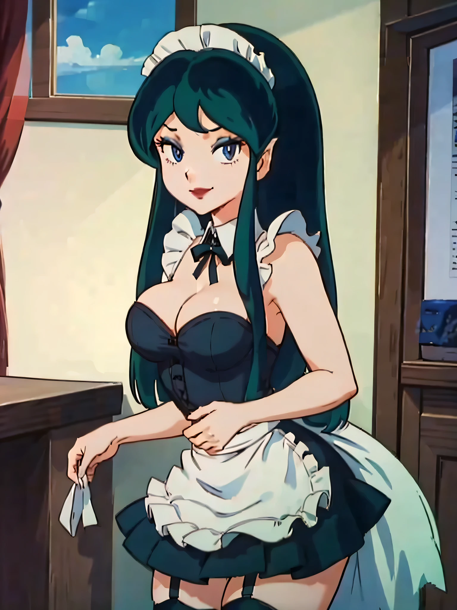 NSFW, masterpiece, (best quality: 1.2), long hair, blue eyes, green hair, worns, big breasts, evil_smile, sexy, ((MAID)), red lipstick,(( looking_at_viewer, seducing a boy)), fishnet stocking