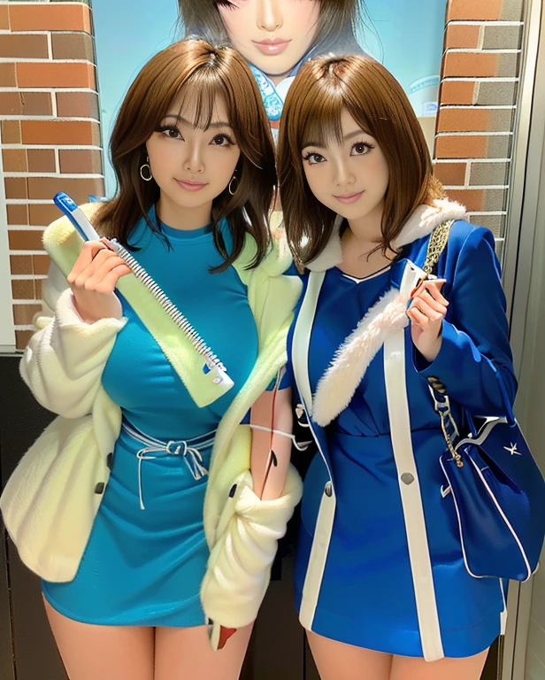 Two young women dressed in blue and white pose for a photograph, Ayami Kojima and Ryde Caldwell, 🚿🗝📝, Idol Master, sakimimichan, sakimichan, nixeu and sakimichan, narumi kakinouchi, Happy!!!, Another close-up of Iwakura, Seifuku, shikamimi