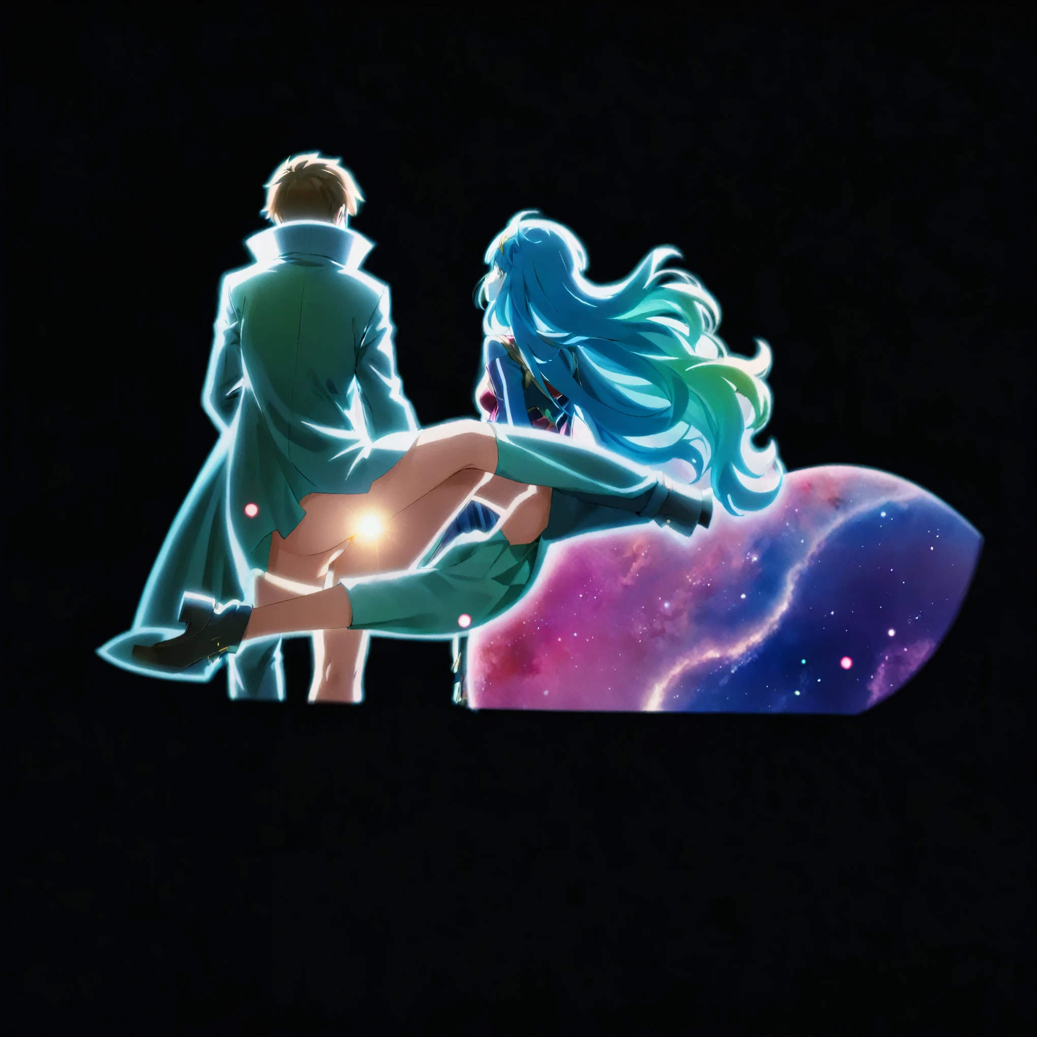 A man and a woman are facing backwards and looking up at the sky, Holographic,Galaxy Goddess, nebula!!, anime, Promotional Art