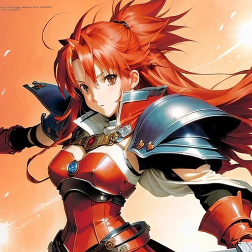 a close up of an anime character with a red hair, chrono trigger guilty gear style, crono,female sorceress, studio gainax art, crono portrait, jrpg character, knights of zodiac girl, xenogears, gainax anime style, chrono trigger, manga character, gainax, jrpg character art, female sorceress with large pauldrons
