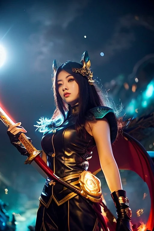 a close up of a cartoon character holding a sword in front of a giant dragon, style league of legends, aurelion sol, wild rift, style of league of legends, from league of legends, epic legends game icon, league of legend, league of legends style, unknown, league of legends character, splash art, league of legends, riot game, league of legends champion,(Looking at the audience:1.4)、Red Gothic ta、cap、,(Face focus),rest,、Beautiful woman、Tragic、beautiful eyes、Black eyes、Industrial Landscape、Blonde、twin-tail hair、Dark black eyeshadow、Good skin luster、particle、Rose petal、(((fine))) Hollow tights, High quality details, flowing, Dynamic, (1 female), Bright Eyes, Flushed, Beautiful front and back, Silk texture,Taiwanese girl 18 years old beautiful appearance,Cute little cloud monster