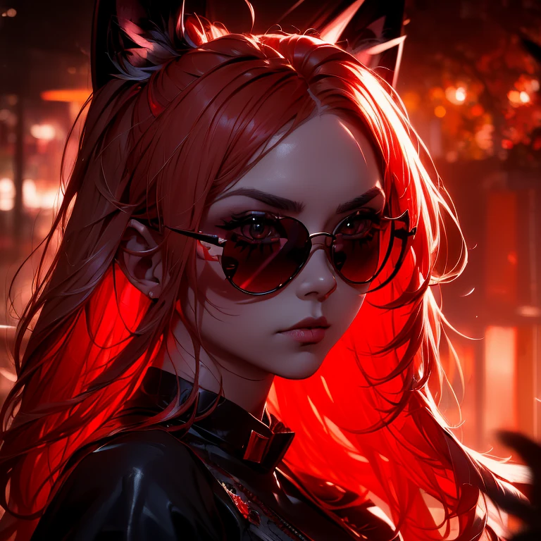 ""Woman with long blond hair and red ends."" Ian J., ""gothic art"", Monochromatic and red bleeding from ((only Red Kitten sunglasses)), Pin without animation, (""eyebrow trim, and persing is not nariz"") (((Red neon details, on a sunny day)))