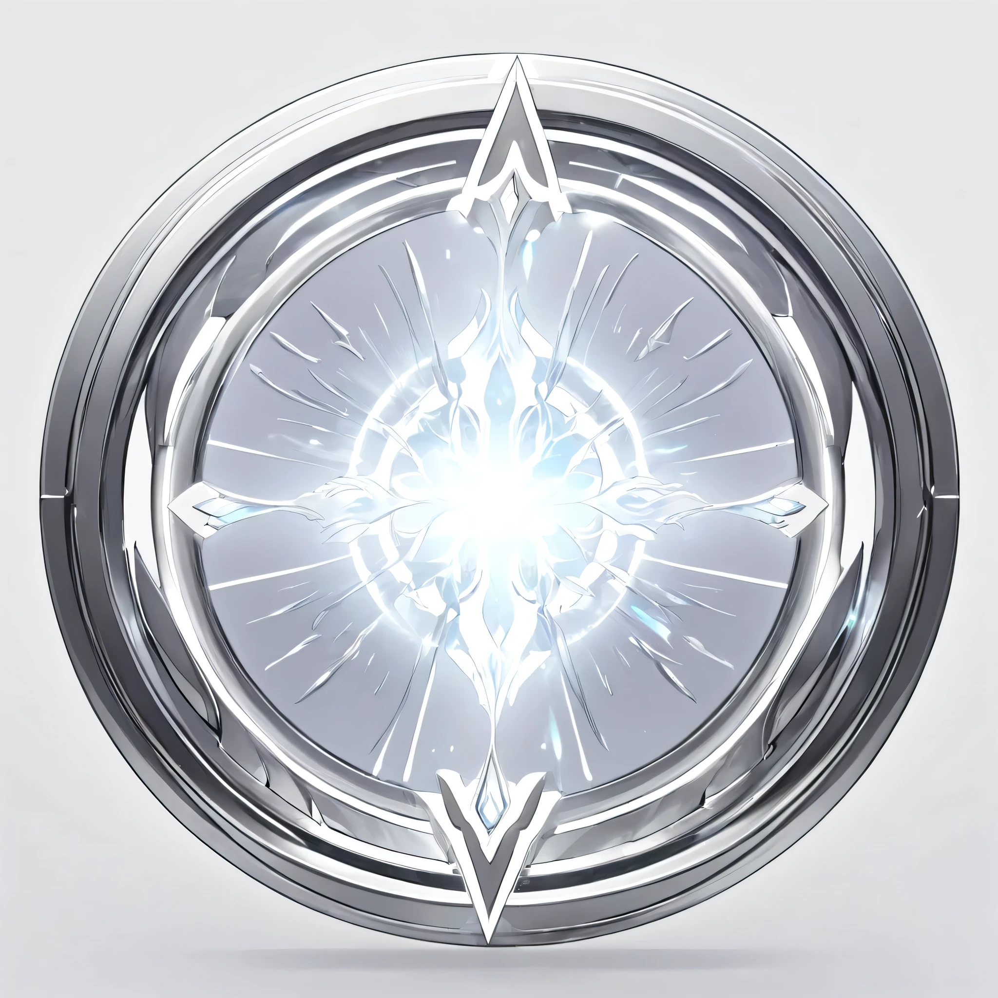 masterpiece, best quality, official art, perfectly symmetrical circle icon for card game that has a detailed outer metal frame. Metal frame is thin and silver in color. The circle is simple and lacks any details. The circle softly glows white and has light wisps of wind coming from it, white background, 8k, anime-inspired style, no people, no weapons, no humans, chrome metal material, no robots, no logo