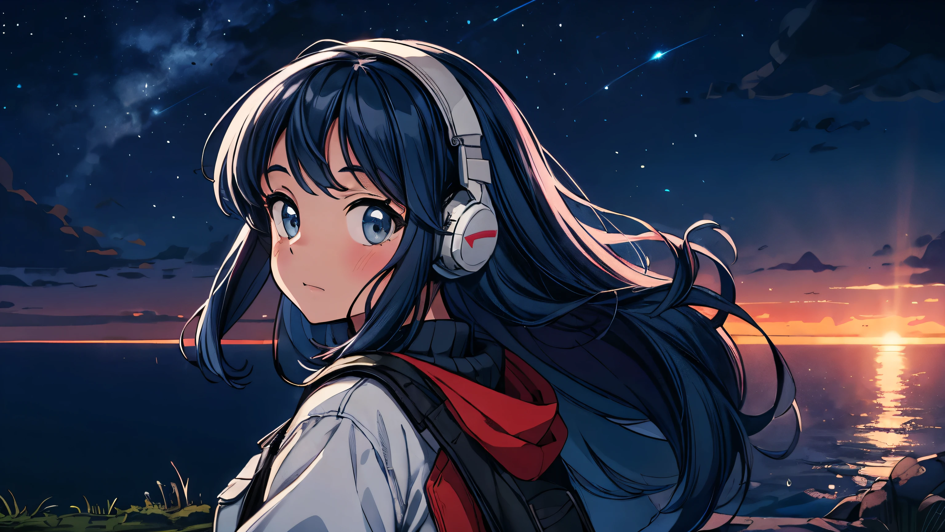 ((highest quality))Anime style with an early 80's city pop culture vibe, Studio Ghibli vibe, cute!
A girl relaxes on a hilltop overlooking the ocean, gazing up at the night sky. She is wearing headphones and long-sleeved clothes. She is facing back. A pleasant breeze is blowing and her hair is blowing in the wind.((masterpiece)), (detailed), Perfect Face