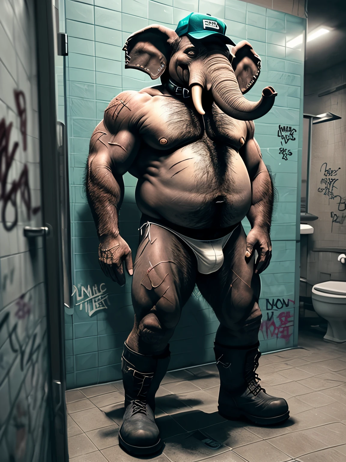 (best quality, masterpiece, ultra-detailed, intricate, illustration, detailed lighting), (shadows from fluorescent overhead lights, gritty textures), (1 middle-aged anthro elephant male:1.4), (muscular, hairy, overweight with scars:1.3), (white dirty thong underwear, boots:1.2), (dog collar with tag:1.3), (cap:1.2), (slight frown, piercing eyes, look of resignation), (white dirty thong underwear, boots, cap), (dingy public bathroom stall:1.3), (dirty tiled floor:1.3), (graffiti on stall walls:1.2), (a sense of degradation and humiliation), (kneeling on dirty floor, hands bound behind back)