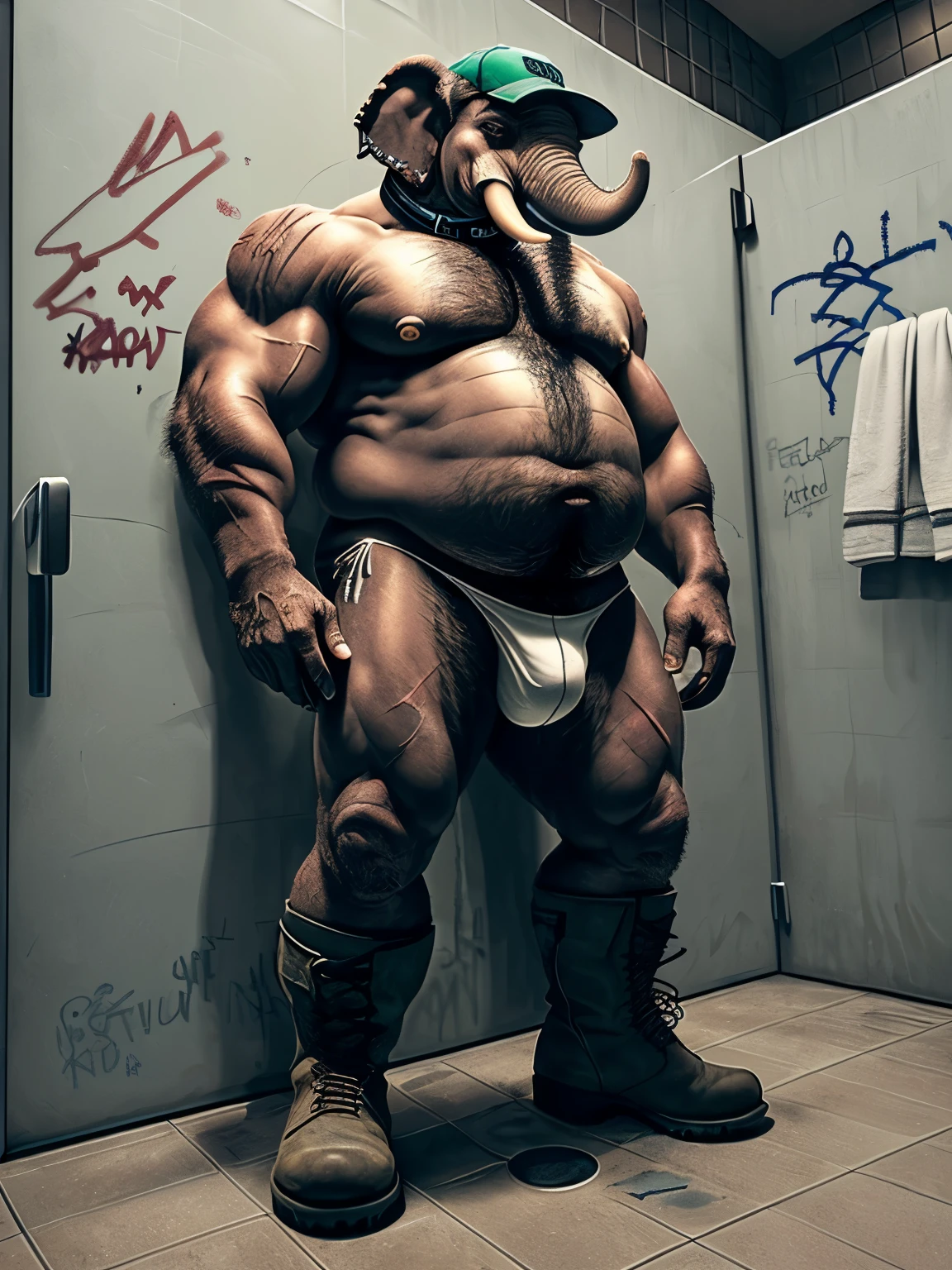 (best quality, masterpiece, ultra-detailed, intricate, illustration, detailed lighting), (shadows from fluorescent overhead lights, gritty textures), (1 middle-aged anthro elephant male:1.4), (muscular, hairy, overweight with scars:1.3), (white dirty thong underwear, boots:1.2), (dog collar with tag:1.3), (cap:1.2), (slight frown, piercing eyes, look of resignation), (white dirty thong underwear, boots, cap), (dingy public bathroom stall:1.3), (dirty tiled floor:1.3), (graffiti on stall walls:1.2), (a sense of degradation and humiliation), (kneeling on dirty floor, hands bound behind back)