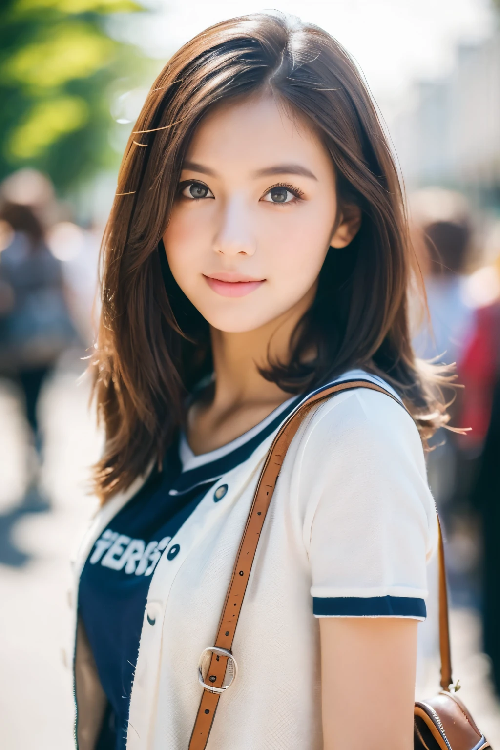 (Best quality, 8K, Masterpiece: 1.3), Clear focus: 1.2, 1girl, Youthful beauty with a vibrant college vibe: 1.4, Slim figure: 1.4, Highly detailed face and skin texture, Detailed sparkling eyes, Double eyelid, (Dark brown hair, Long and casually styled: 1.2), Wearing a trendy yet casual college outfit (