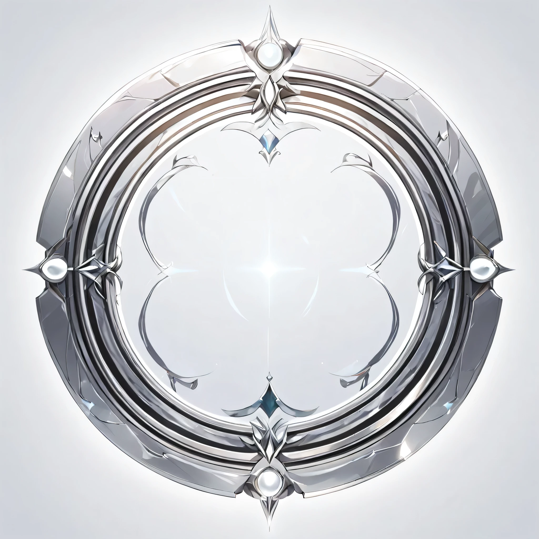 masterpiece, best quality, official art, perfectly symmetrical circle icon for card game that has a detailed outer metal frame. Metal frame is thin and silver in color. The circle is simple and lacks any details. The circle softly glows white and has light wisps of wind coming from it, white background, 8k, anime-inspired style, no people, no weapons, no humans, chrome metal material, no robots, no logo