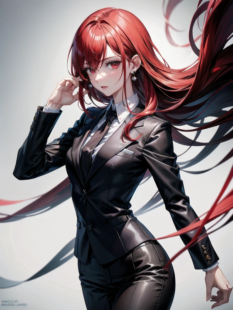 Redhead, bangs, Red eyes, Black gloves, Formal suit, tie, Jacket, pants, absurdres, RAW photo, extremely delicate and beautiful, masterpiece, Best Quality, ultra high resolution, 32k, hyperrealistic, ultra-detailed, detailed description, pale skin, 20 years old, tearful mole, earring, short medium hair, wavy hair, whole body shot,